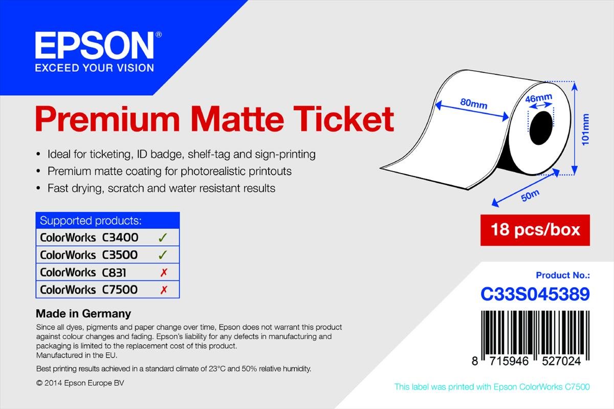 1roll Premium Matte Ticket Roll Epson Bs Label Consumables U4 C33s045389 8715946527024