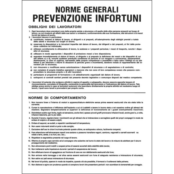 Cartello Polionda 50x67cm 39 Norme Generali Prevenzione Infortuni 39 Po5031 8047983605039