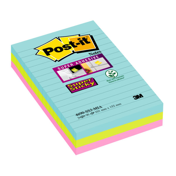 Blocco 90 Foglietti Post It Super Sticky Righe 101x152mm 4690 Ss3mia Col Miami 11238 80060 a