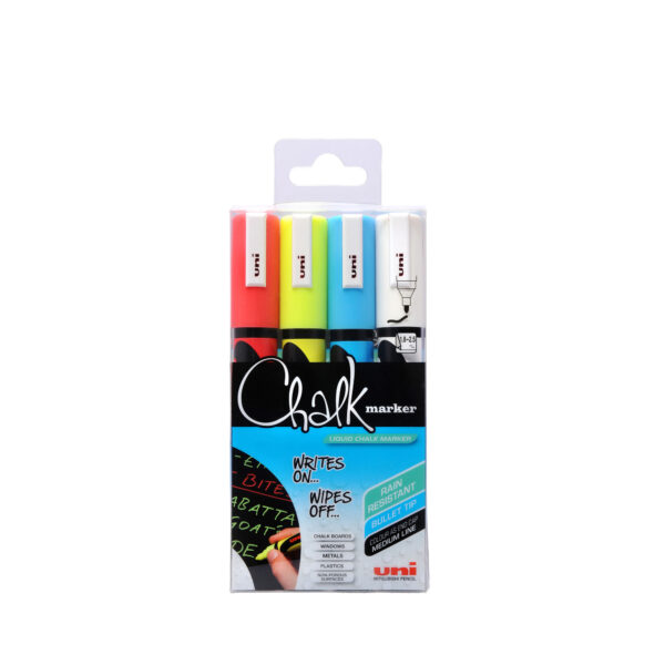 Busta 4 Marcatore a Gesso Liquido Uni Chalk P Tonda Col Assortiti Uni