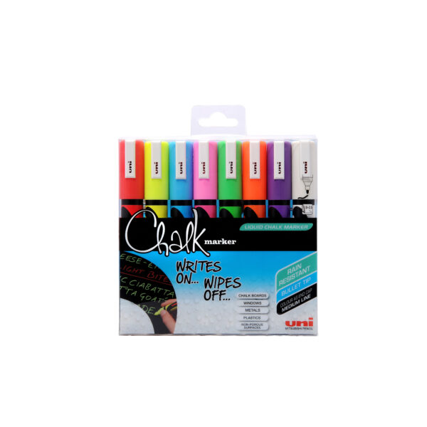 Busta 8 Marcatore a Gesso Liquido Uni Chalk P Tonda Col Assortiti Uni