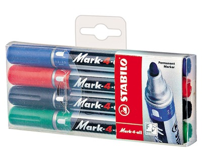 Mark4all Astuccio Marcatori per Tutte le Superfici Inchiostro Permanente Senza Solventi Punta Tonda Tratto 1 5 2 5mm Colori Verde Nero Rosso Blu 4pz Stabilo 6514pl