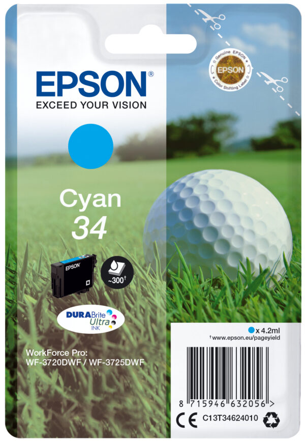 Singlepack Cyan 34 Epson Consumer Ink S1 C13t34624010 8715946632056