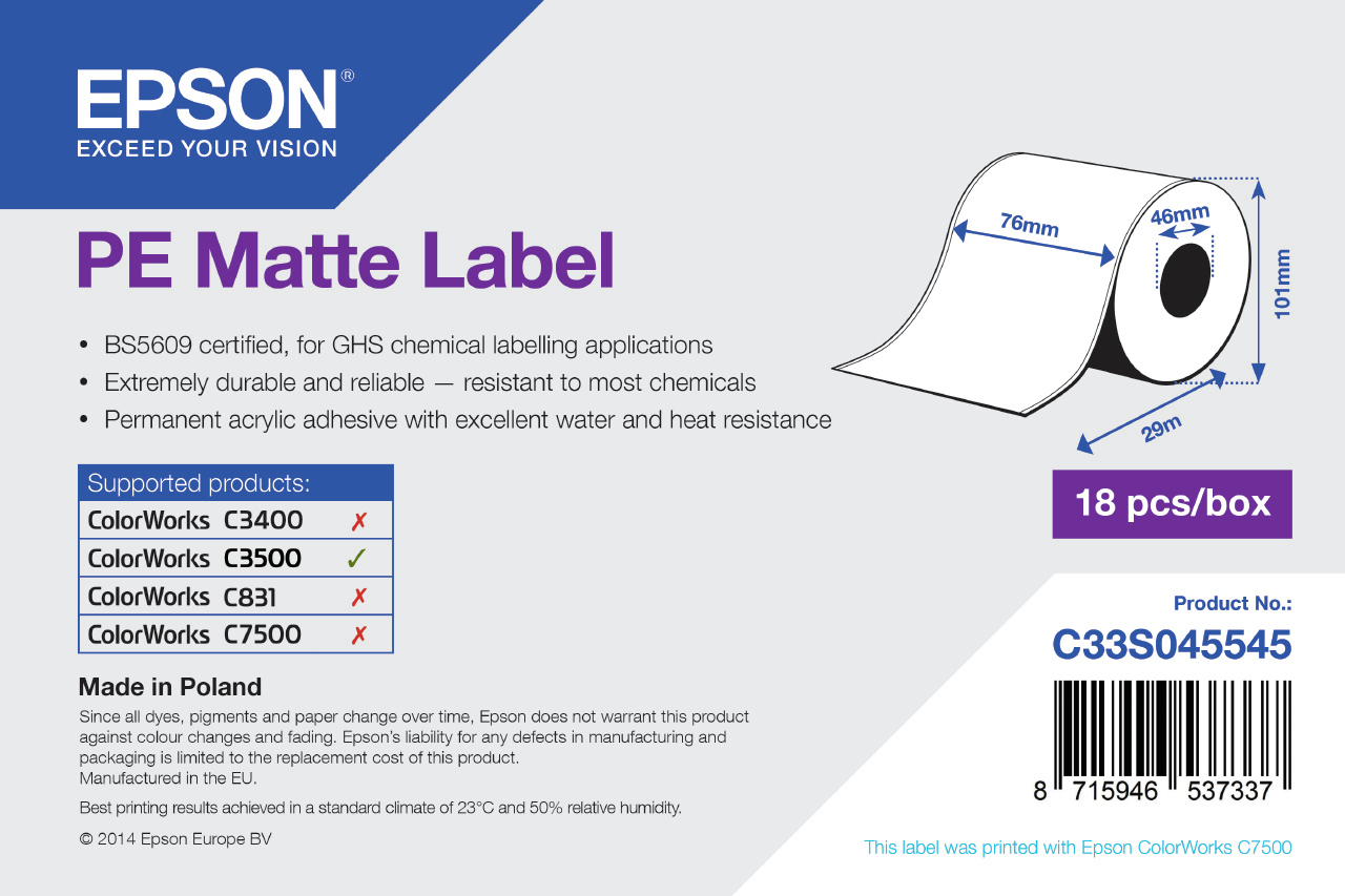 Pe Matte Label Continuous Epson Bs Label Consumables U4 C33s045545 8715946537337