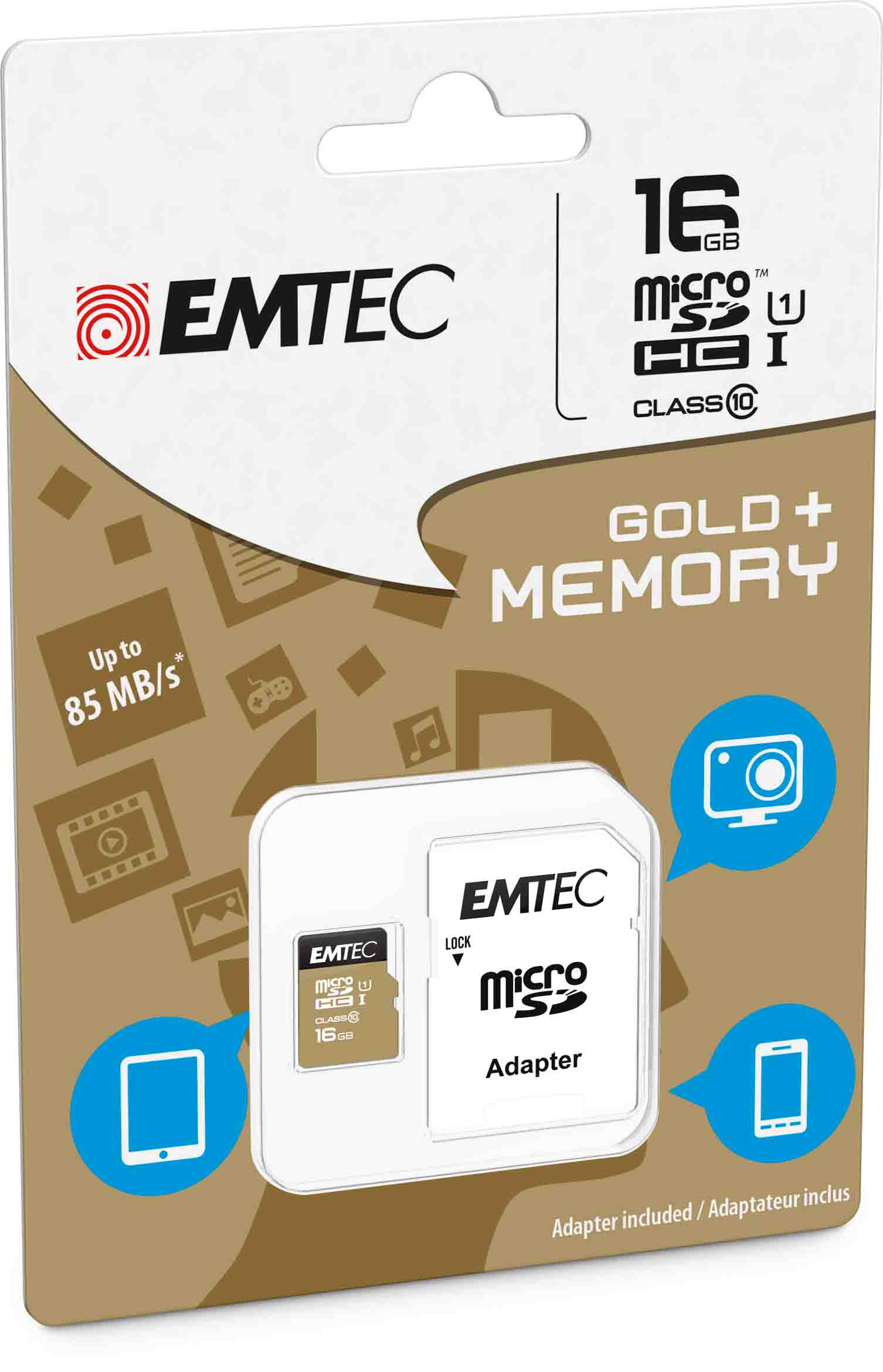 Micro Sdhc Emtec 16gb Class 10 Gold Plus con Adattatore Ecmsdm16ghc10gp 3126170142252