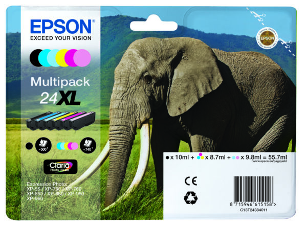 Multipack 24xl N 6 Cartucce Serie 24xl Elefante Nero Ciano Magenta Giallo C13t24384011 8715946615158