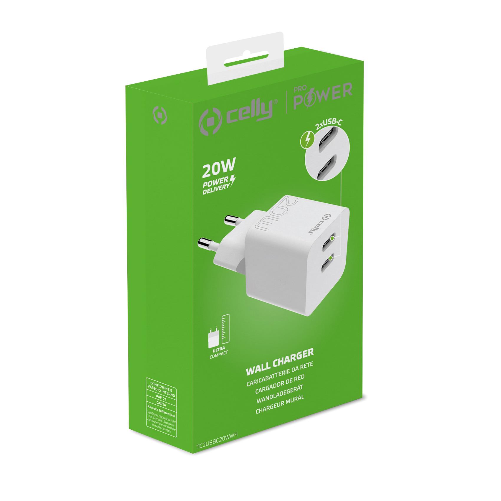 Travel Charger 2usb C 20w White Celly Tc2usbc20wwh 8021735196952
