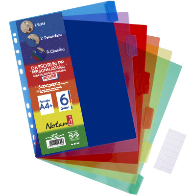 Divisori per raccoglitore ad anelli NikOffice: colorate, 6 tacche