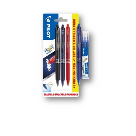 Multipack Pilot Frixion 3 penne a sfera (nero/rosso/blu) + 1 Frixion Clicker blu 0,7 mm + 3 refill Frixion blu - 006807