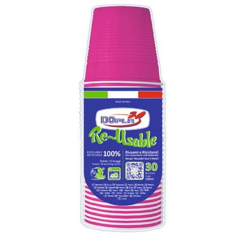 Bicchieri fucsia in polistirene conf. 30 pz Dopla Reusable 230 ml 22619