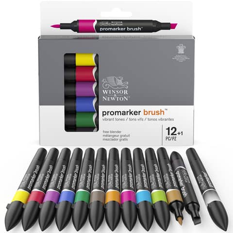 Set 12 pennarelli doppia punta brush colori vivaci assortiti + 1 blender Winsor&Newton - 0290145