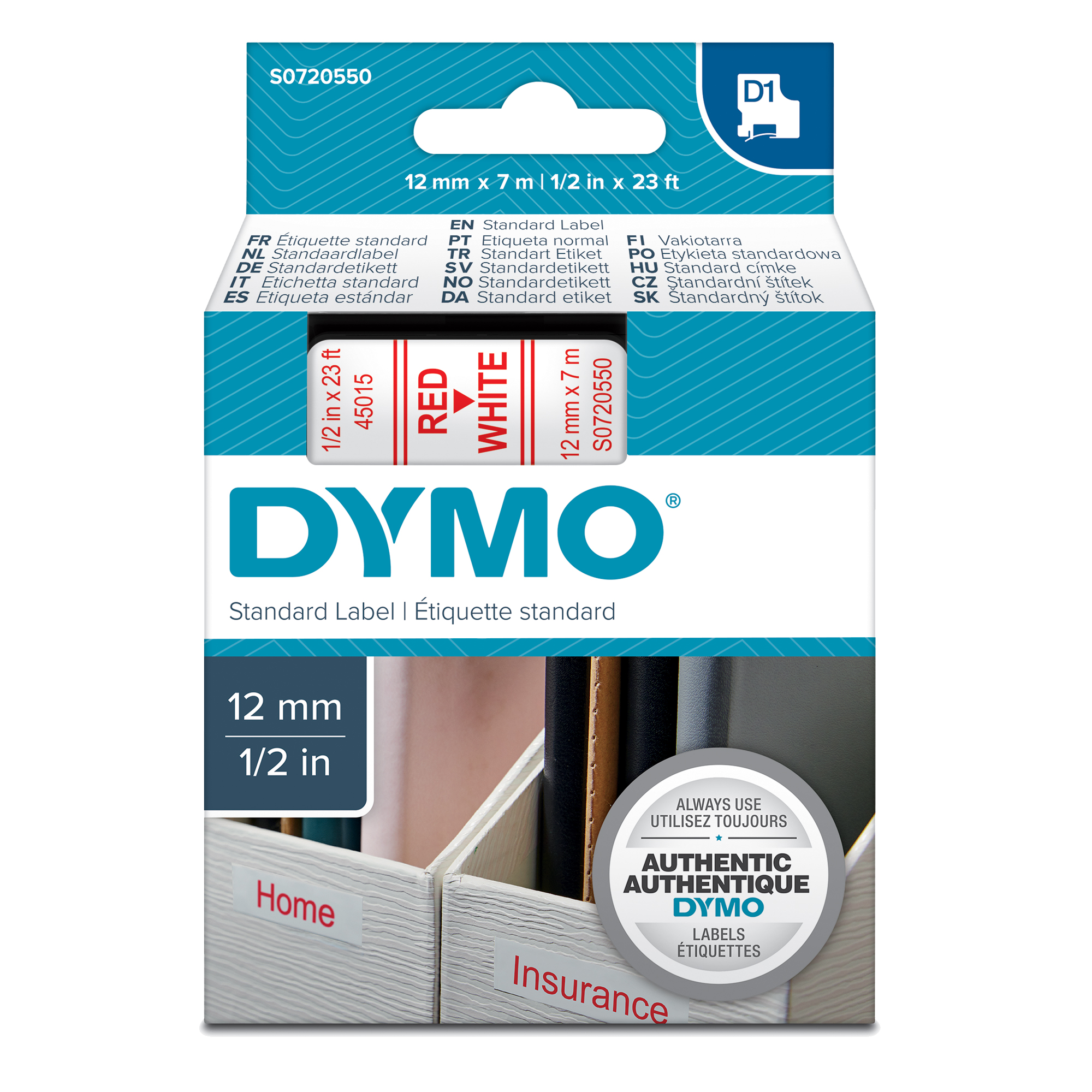 Nastro D1 450150 - 12 mm x 7 mt - rosso/bianco - Dymo