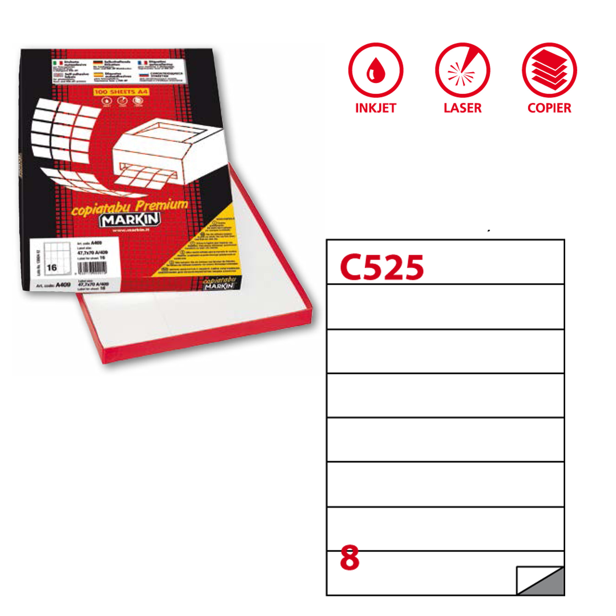 Etichetta adesiva C525 - permanente - 210x37,12 mm - 8 etichette per foglio - bianco - Markin - scatola 100 fogli A4