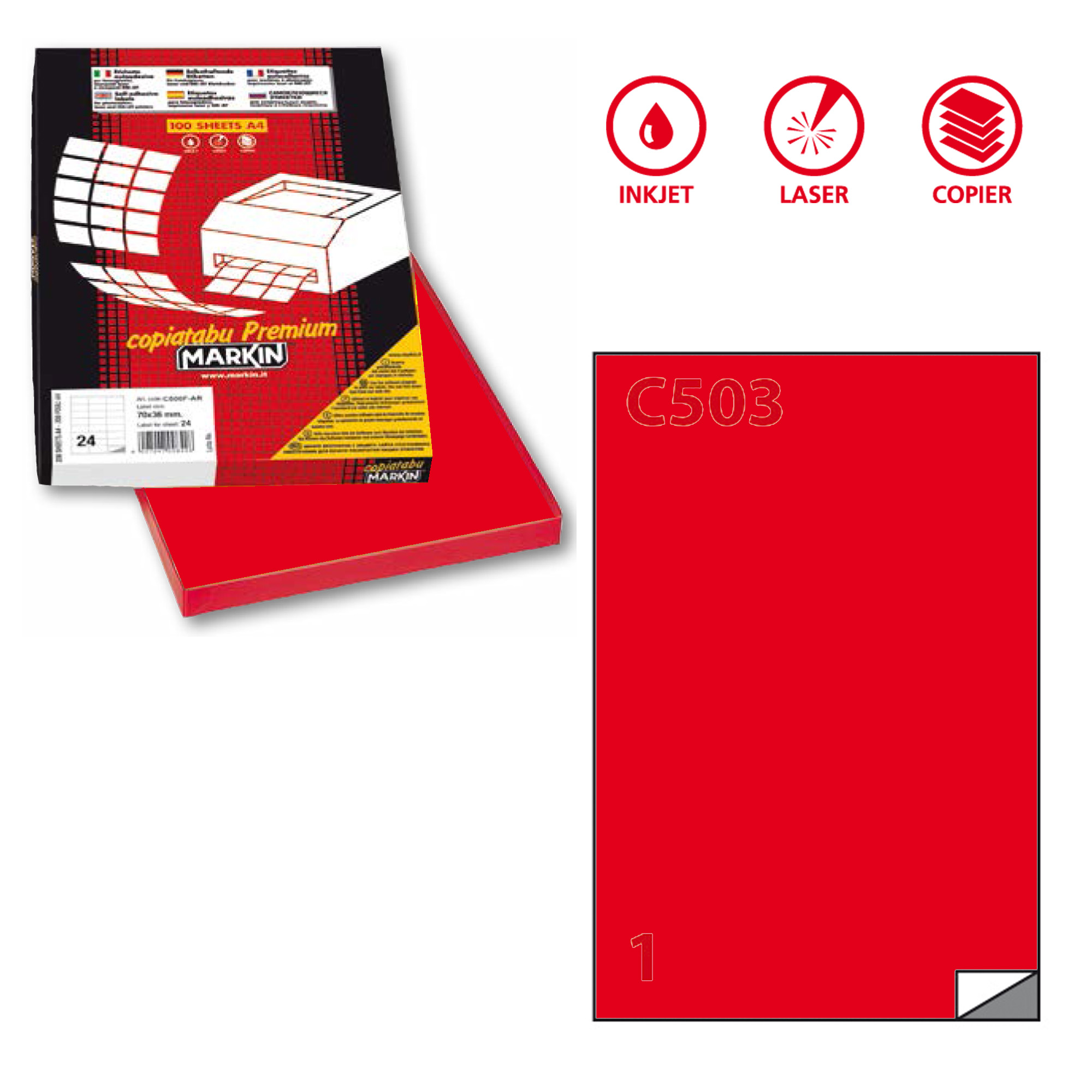 Etichetta adesiva C503 - permanente - 210x297 mm - 1 etichetta per foglio - rosso - Markin - scatola 100 fogli A4