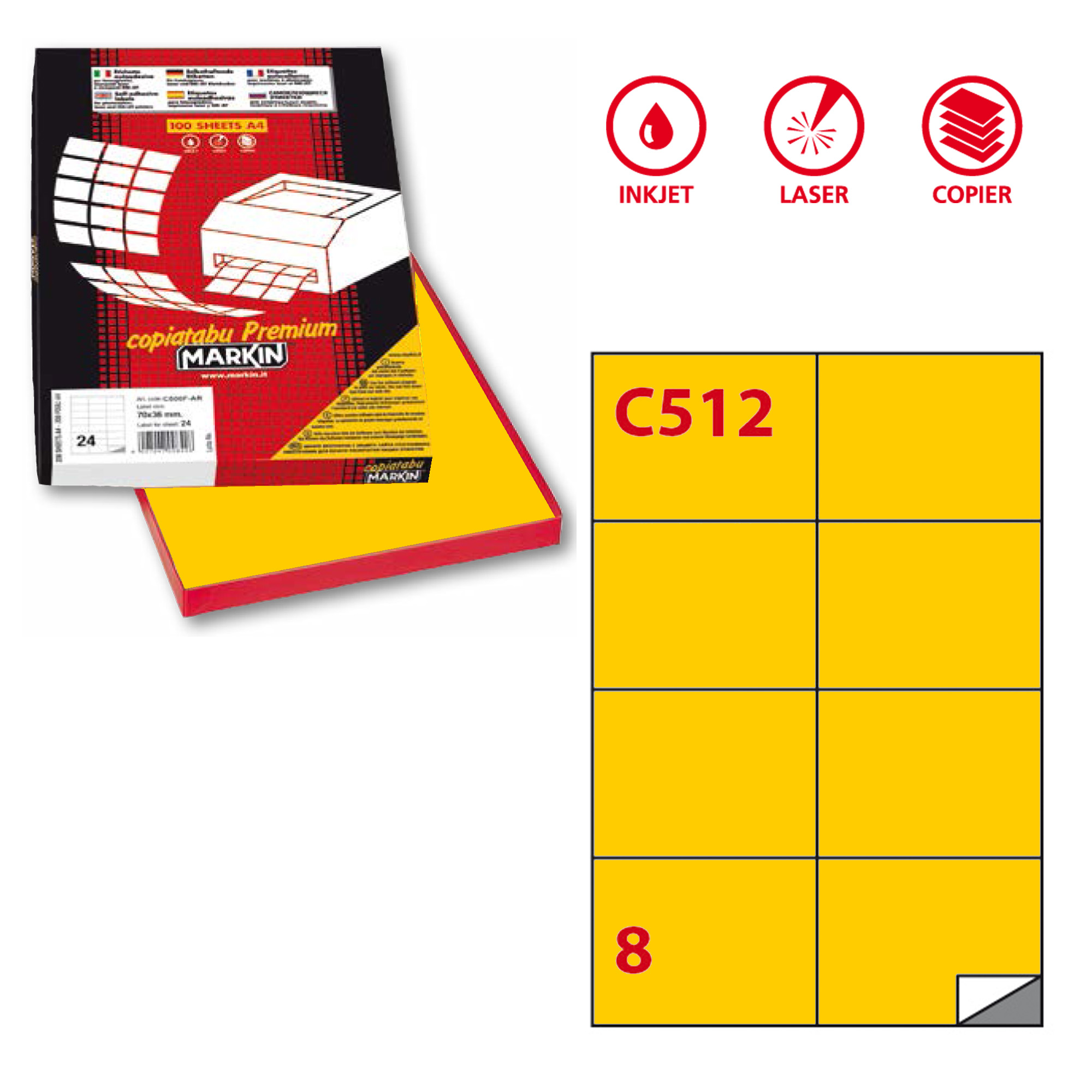 Etichetta adesiva C512 - permanente - 105x74,25 mm - 8 etichette per foglio - giallo - Markin - scatola 100 fogli A4