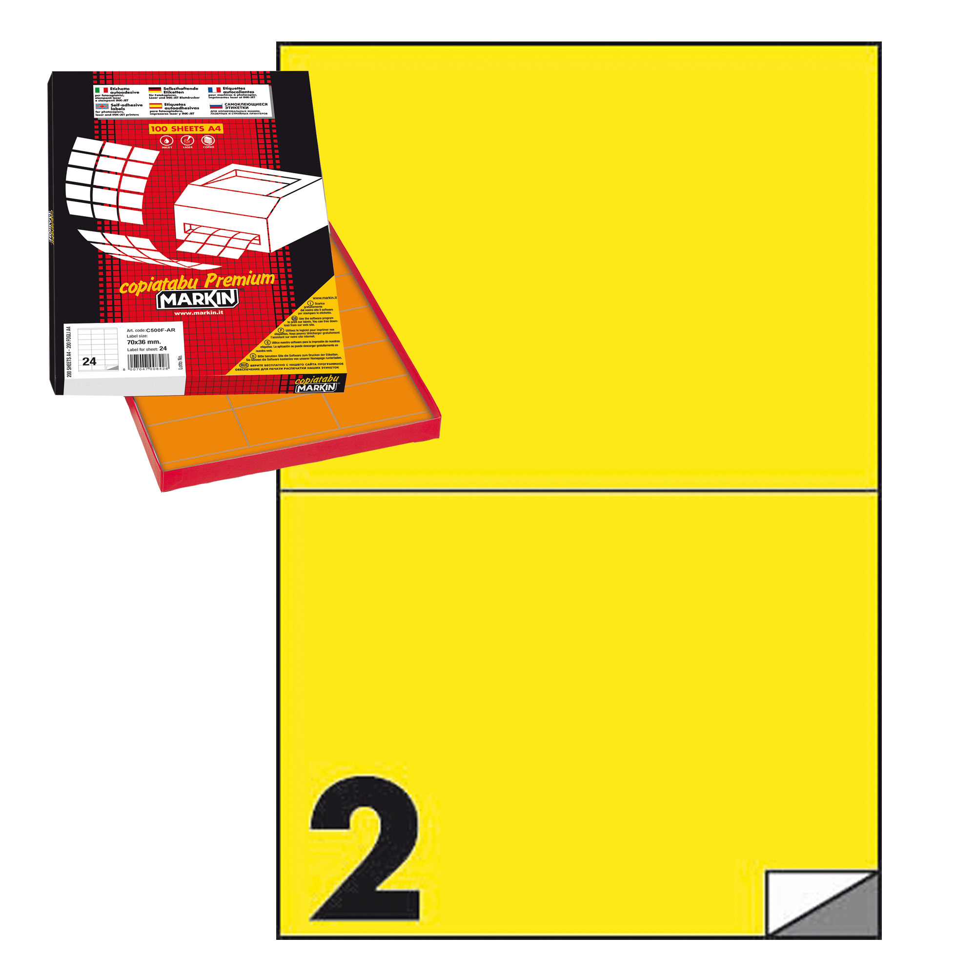 Etichetta adesiva C509 - permanente - 210x148,5 mm - 2 etichette per foglio - giallo - Markin - scatola 100 fogli A4