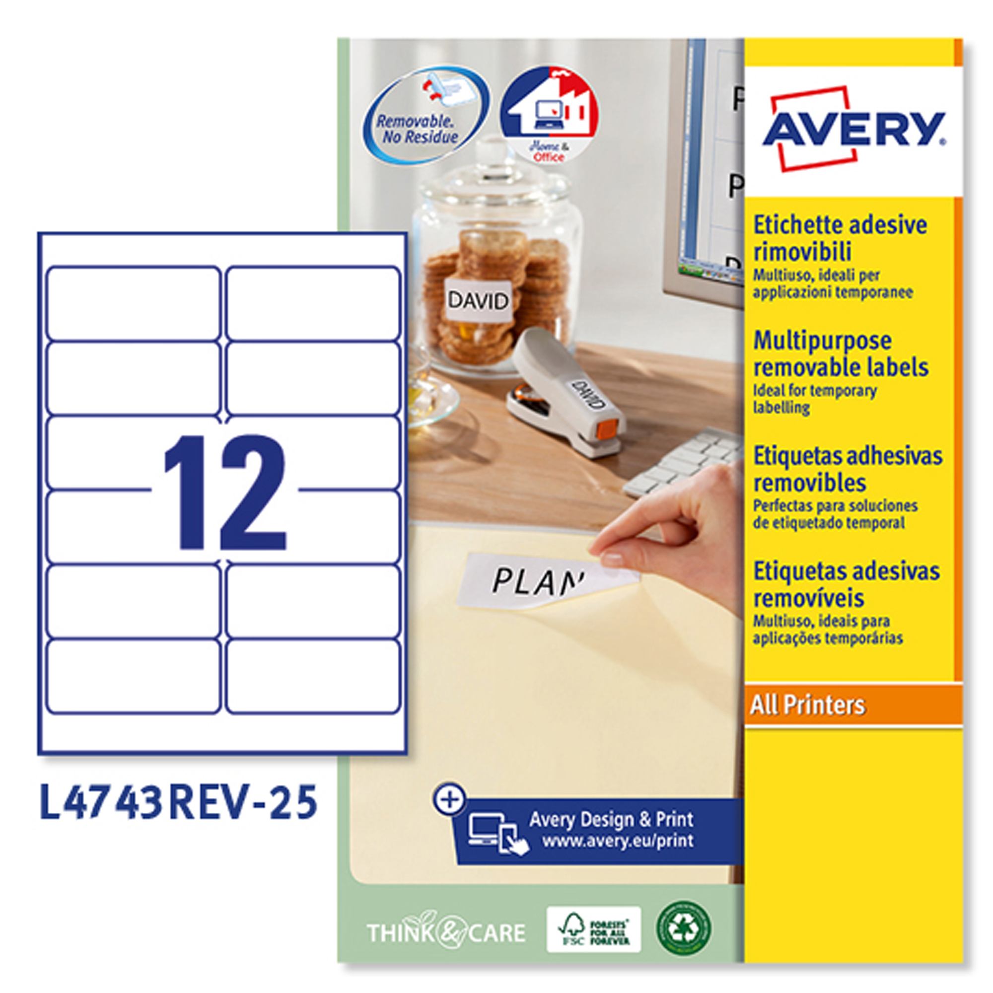 Etichetta adesiva L4743REV - rimovibile - 99,1x42,3 mm - 12 etichette per foglio - bianco - Avery - conf. 25 fogli A4