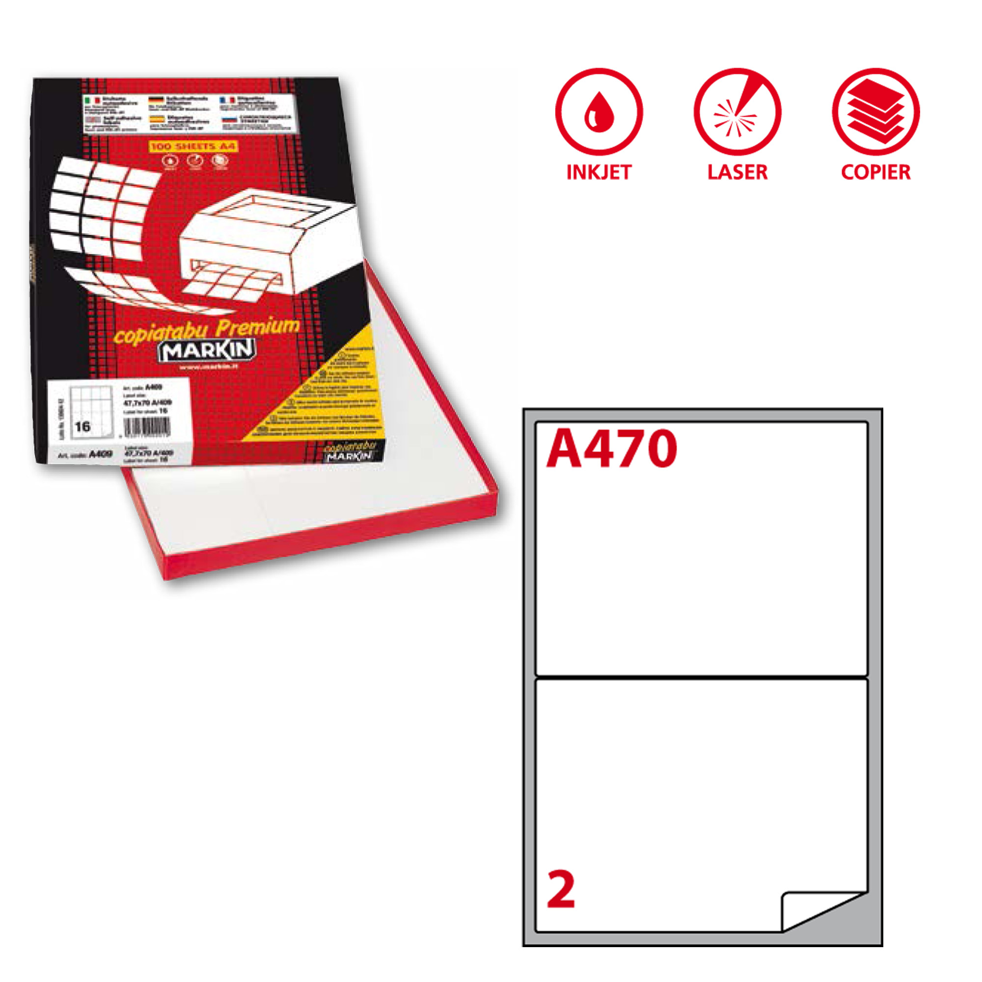 Etichetta adesiva A470 - permanente - 199,6x143,5 mm - 2 etichette per foglio - bianco - Markin - scatola 100 fogli A4