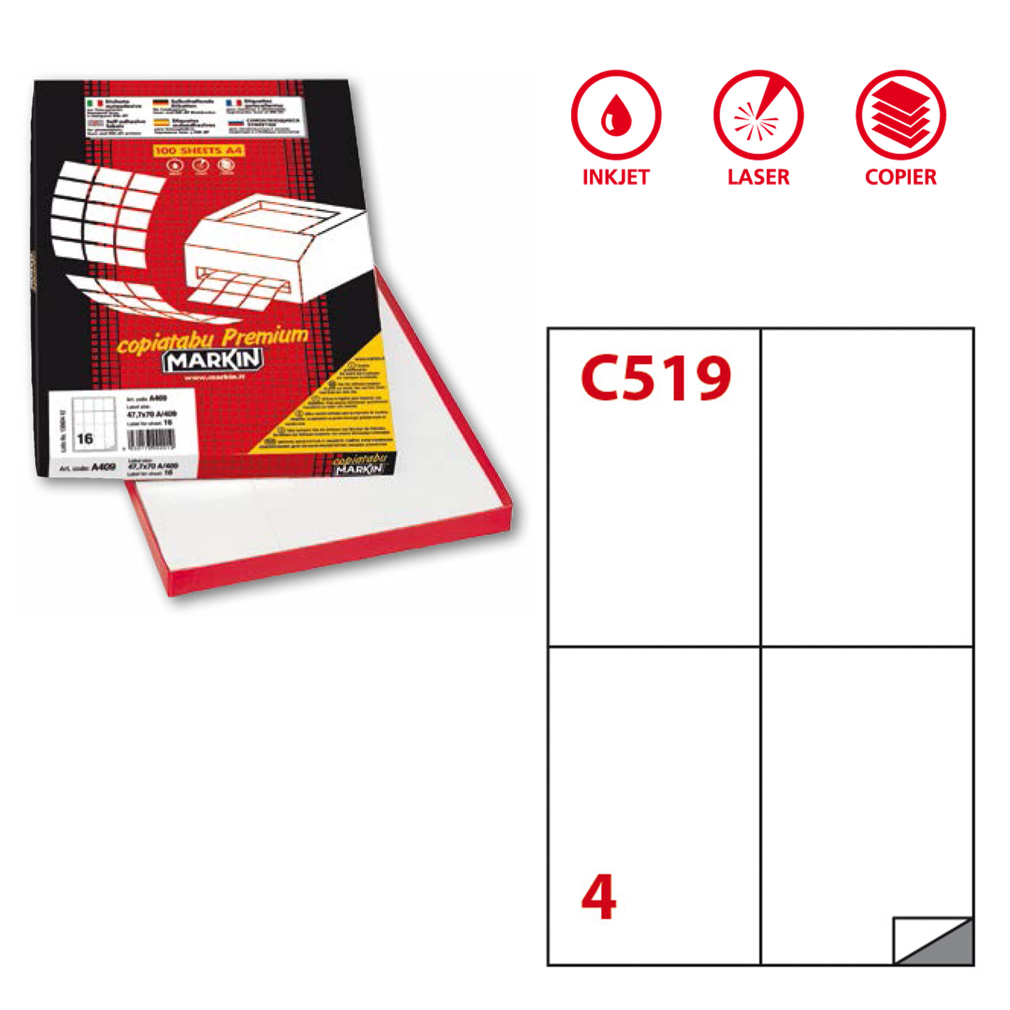 Etichetta adesiva C519 Extra Forte - permanente - 105 x148,5 mm - 4 etichette per foglio - bianco - Markin - scatola 100 fogli A4