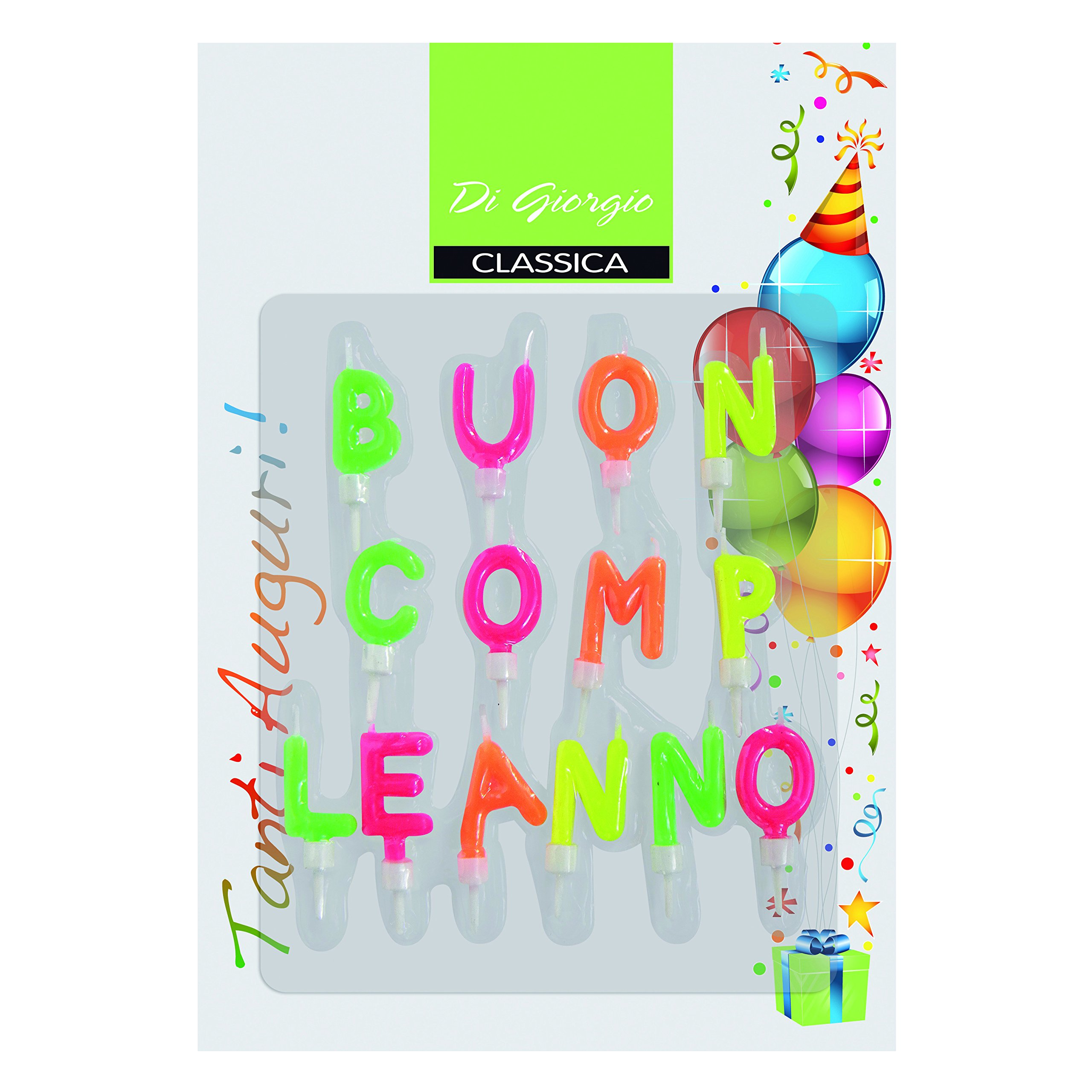 Candela composizione scritta 'buon compleanno' colori neon