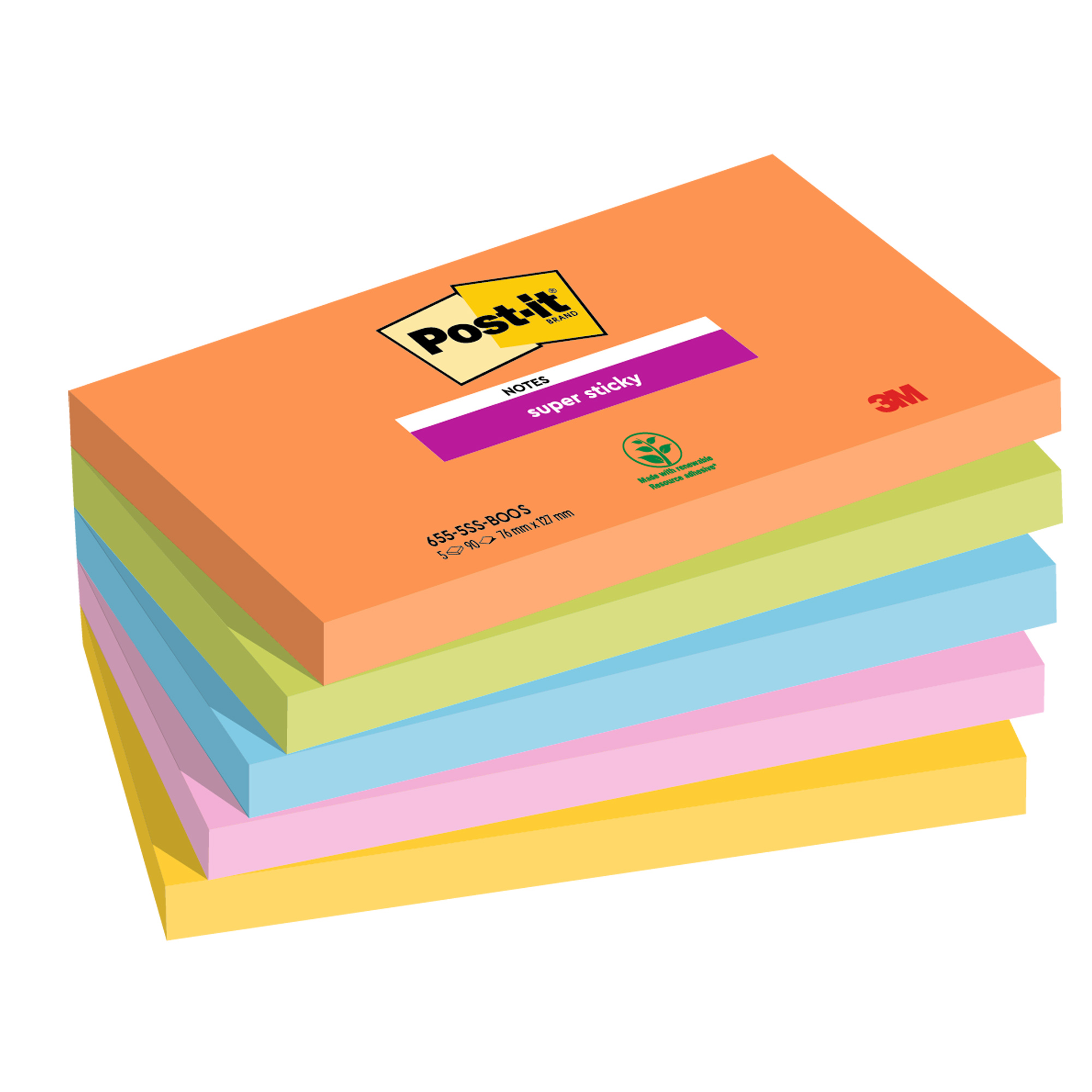 Blocco Post it  Super Sticky - 654-5SS-OAS - 76 x 127 mm - colori Boost - 90 fogli - Post it  - conf. 5 pezzi