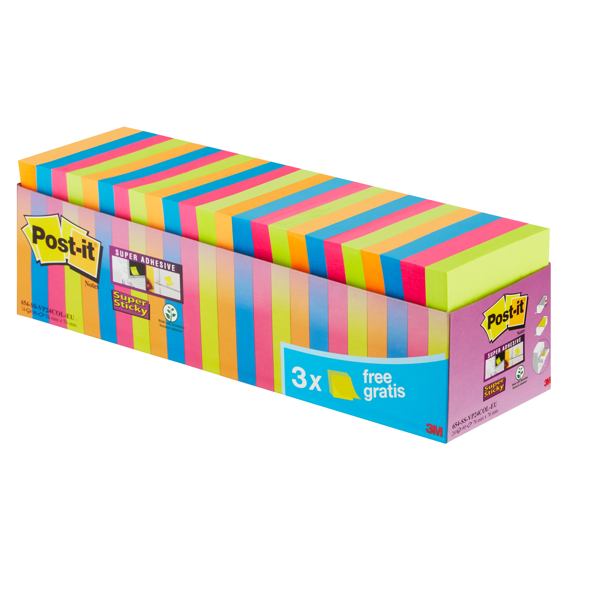 Post-it 76x76 Super Sticky colori assortiti pz.21+3 omaggio