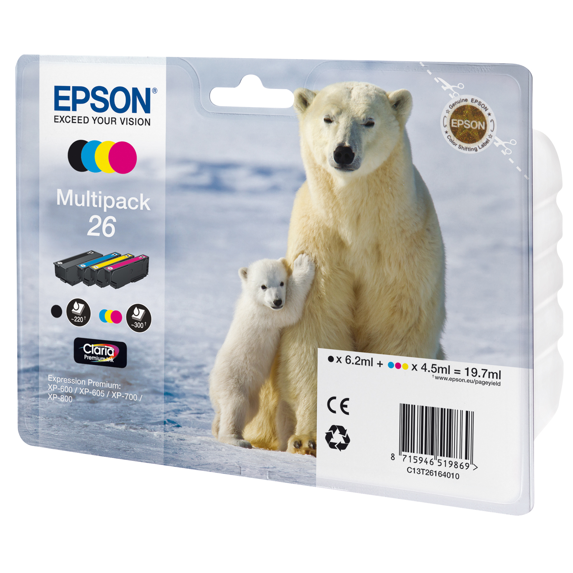 Epson - Multipack Cartuccia ink - 26 - C/M/Y/K - C13T26164010 - C/M/Y 4,5ml cad - K 6,2ml