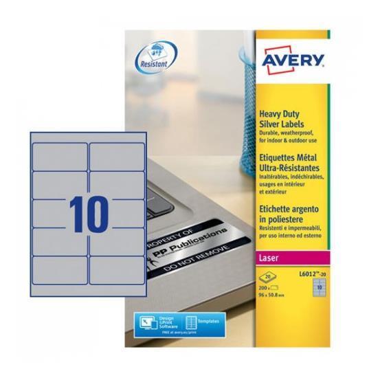 Etichette adesive stampabili Avery poliestere argento 96x50,8 fg.20