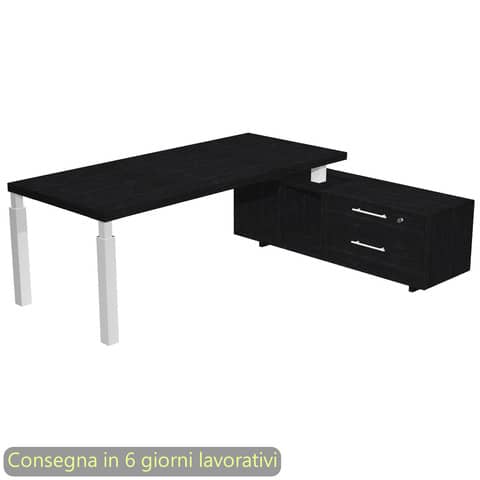 Scrivania manageriale Flora con mobile di servizo 225x170xH.76,2 cm gambe met. bianche Artexport piano nero