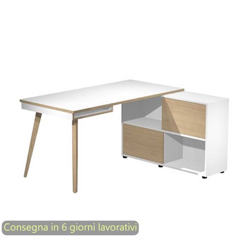 Scrivania Maxi su mobile contenitore e gambe in legno - bianco/rovere Artexport 160x140xH.81,5 cm - 19130-DK-3C-AQ