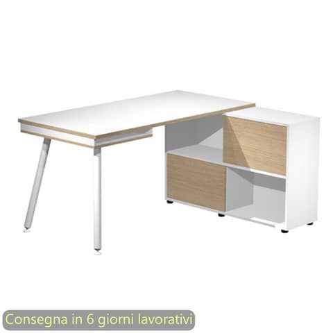 Scrivania Maxi su mobile contenitore e gambe met. bianche - bianco/rovere Artexport 130x120xH.81,5 cm -