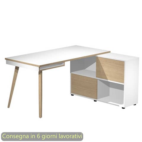 Scrivania Midi su mobile contenitore e gambe in legno - bianco/rovere Artexport 130x120xH.81,5 cm - 20080-DK-3C-AQ