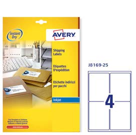 Etichetta adesiva J8169 - permanente - adatta a stampanti inkjet - 99,1x139 mm - 4 etichette per foglio - bianco - Avery - conf. 25 fogli A4