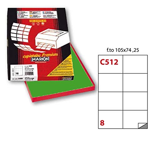 Etichetta adesiva C512 - permanente - 105x74,25 mm - 8 etichette per foglio - verde - Markin - scatola 100 fogli A4