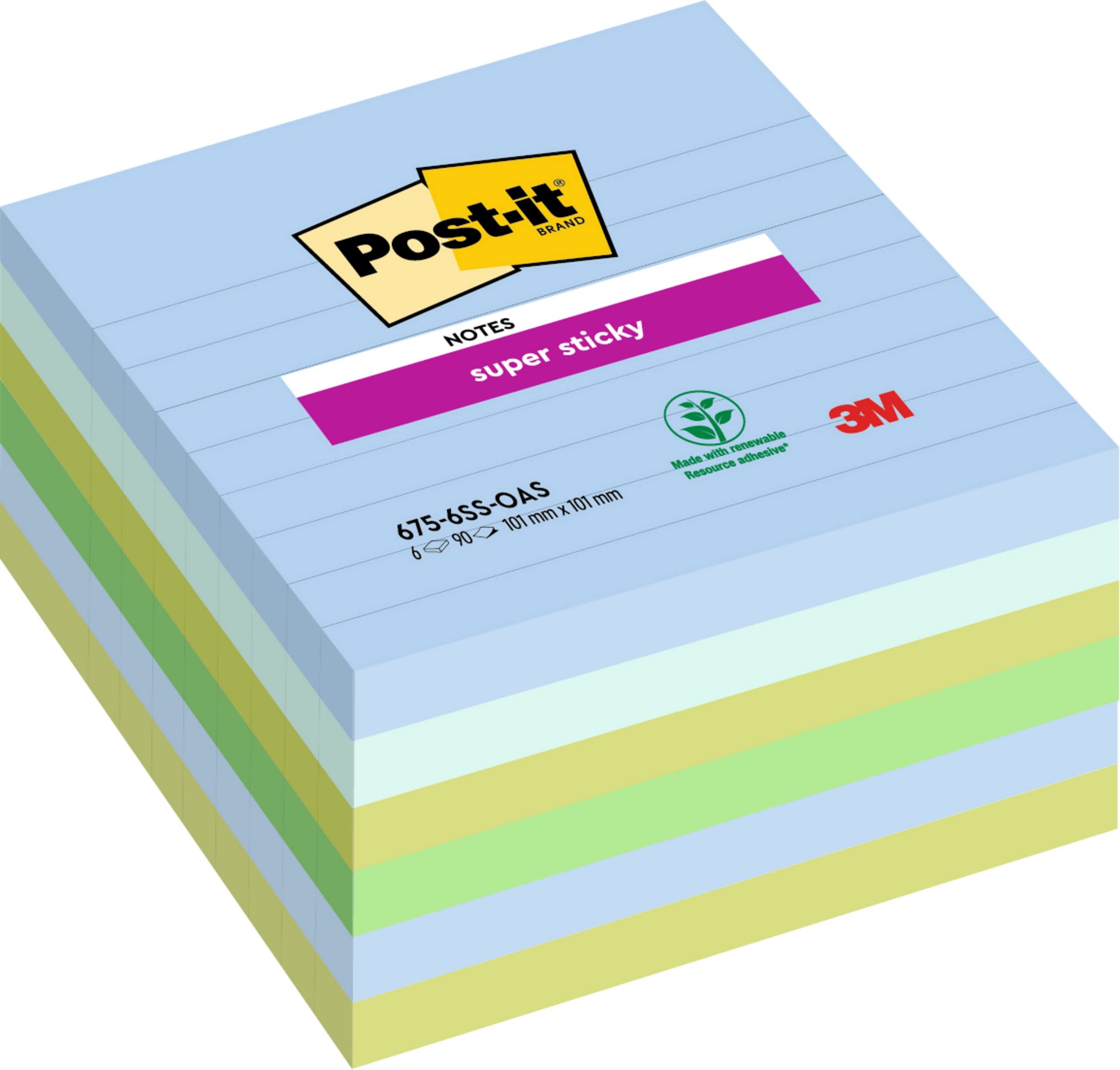 Blocco Post it  Super Sticky - 675-6SS-OAS - a righe - 100 x 100 mm - colori Oasis - 90 fogli - Post it  - conf. 6 pezzi