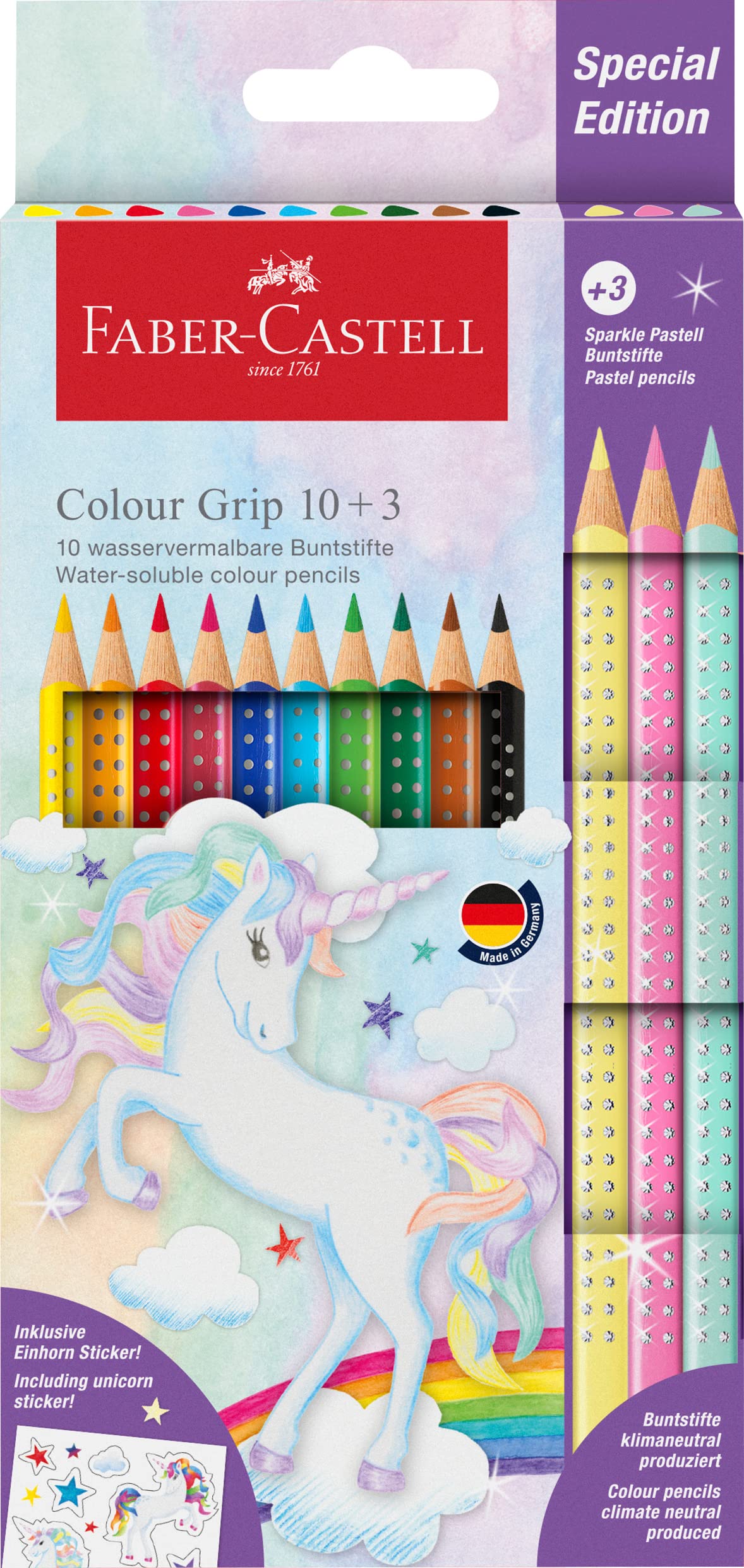 Astuccio 10 matite Colour Grip + 3 matite Sparkle – colori assortiti –  Faber Castell