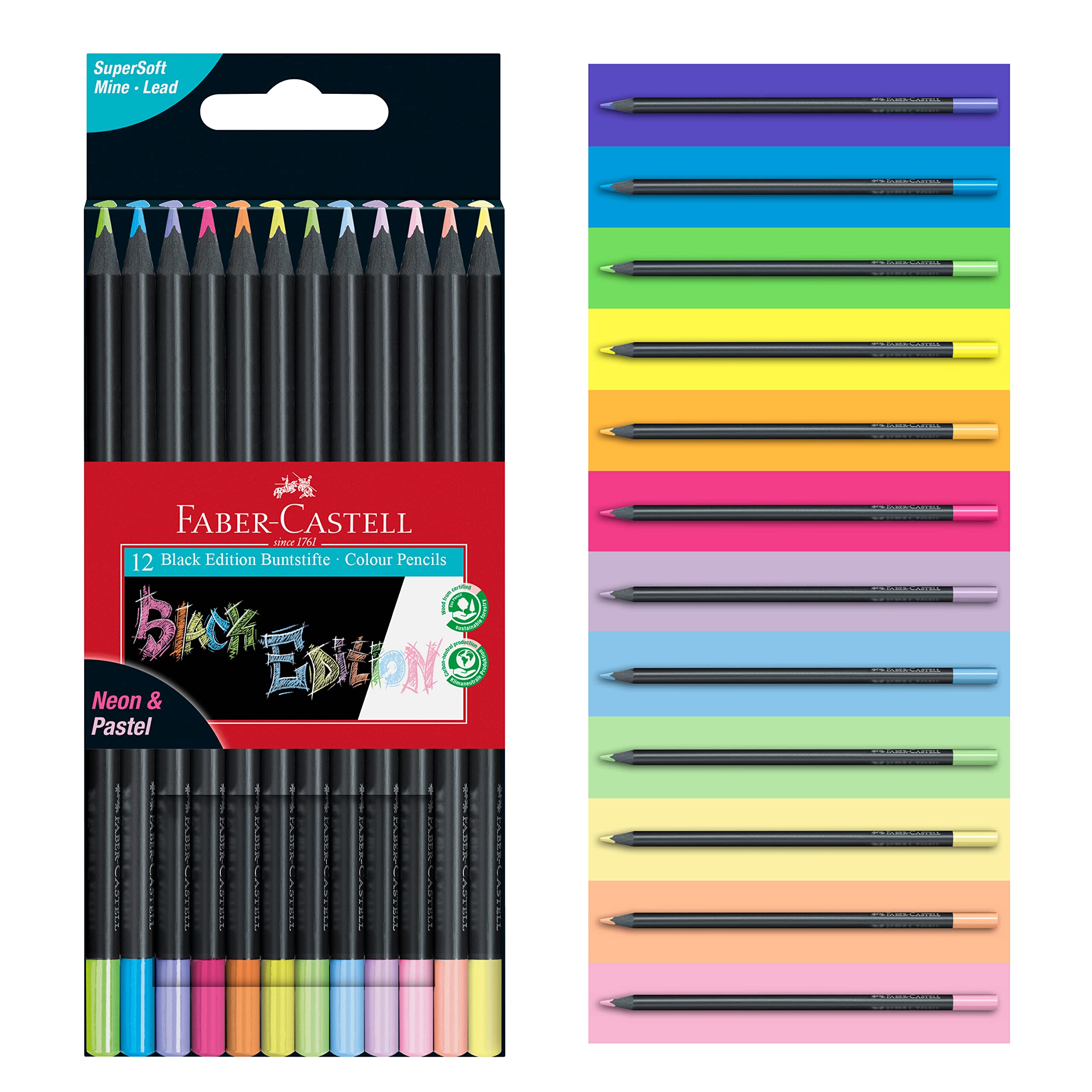 Matite triangolari Black Edition - pastel e neon - Faber-Castell - conf.12 pezzi