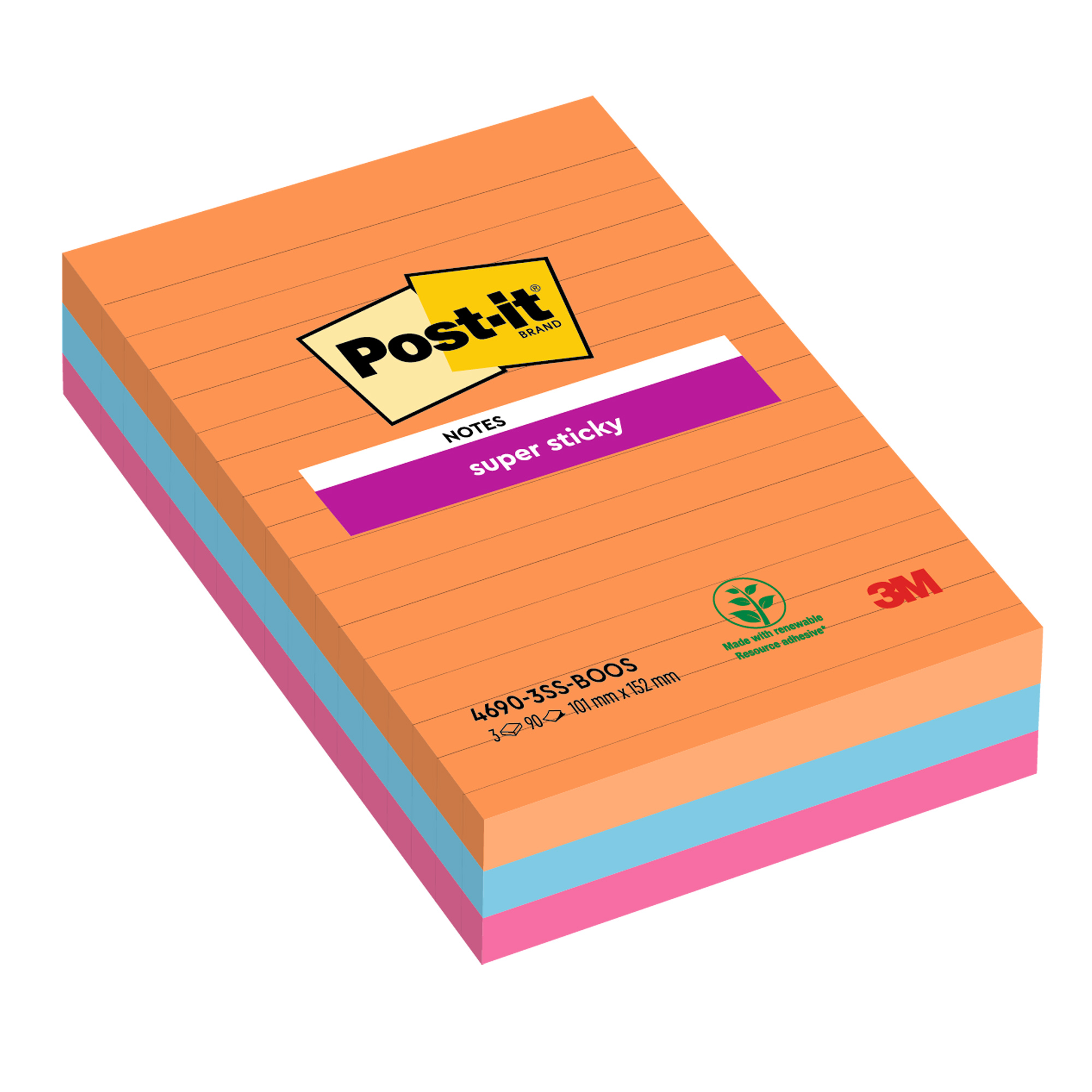 Blocco Post it  Super Sticky - 4690-3SS-BOOS - a righe - 101 x 152 mm - colori Boost - 90 fogli - Post it  - conf. 3 pezzi