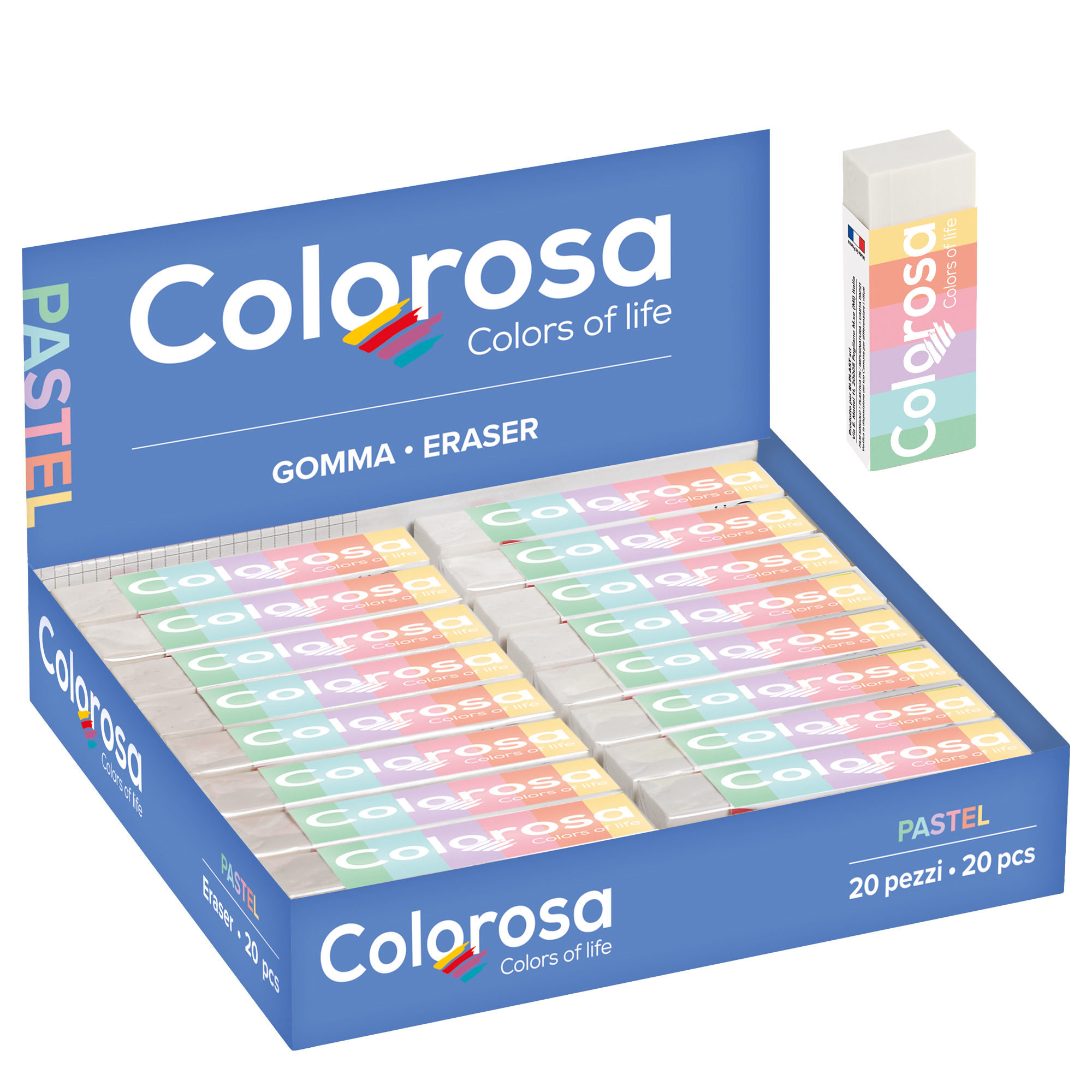 Gomma Colorosa Pastel - 6,2 x 1,2 x 2,2 cm - vinile - RiPlast - conf. 20 pezzi