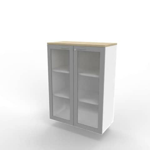 Armadio medio ante vetro telaio MDF, top rovere scocca bianca 90x45xH.123,2 cm Practika Quadrifoglio - ECEM90T-RK-BA-V3