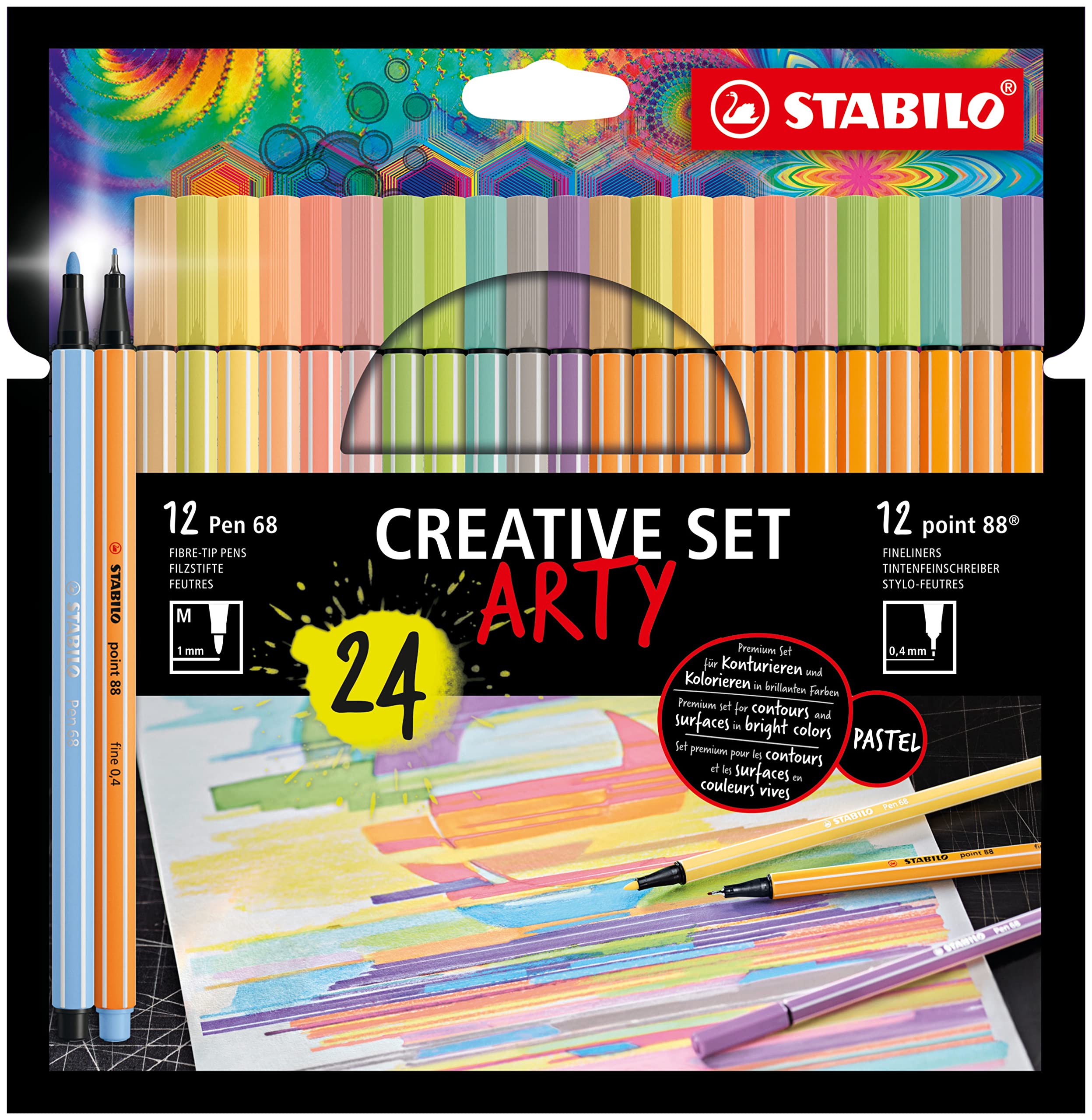 Creative Stabilo arty in astuccio di cartone 12 pen68 e 12 point88