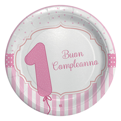 PIATTI PRIMO COMPLEANNO ROSA CM 18 PZ.8