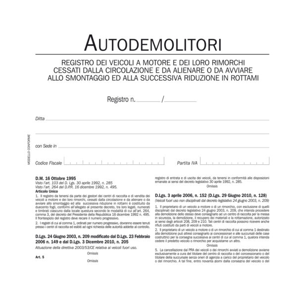 Registro autodemolitori – 200 pagine numerate – DU134020000 – Data Ufficio