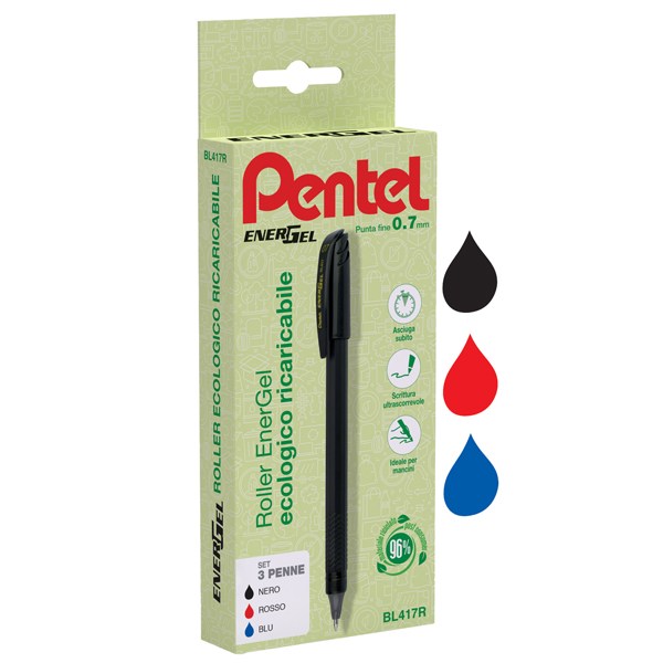 Roller Energel Recycology 96 - punta 0,7 mm - nero/rosso/blu - Pentel - conf. 3 pezzi