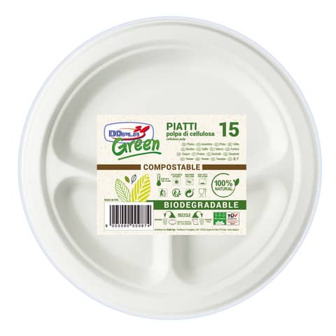 Piatti in polpa di cellulosa  Dopla Green bianco conf. 15 pz 3 scomparti Ø 254 mm - 7744