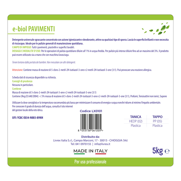 Detergente pavimenti Ebiol - tanica 5 kg - agrumi - Livrex