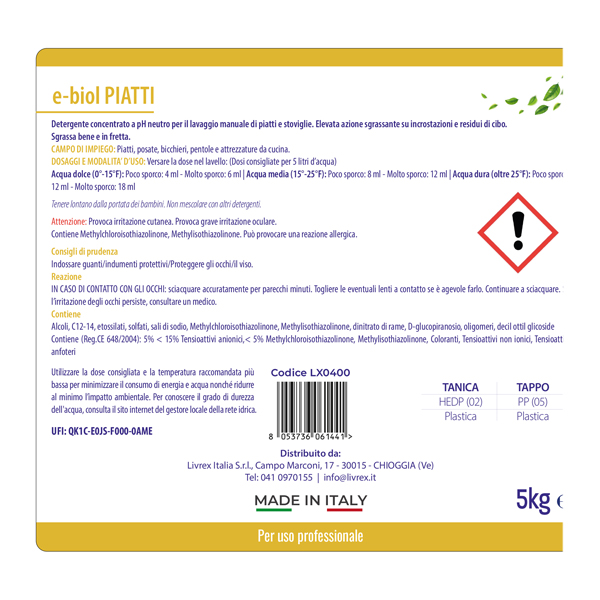 Detersivo piatti Ebiol - tanica 5 kg - inodore - Livrex