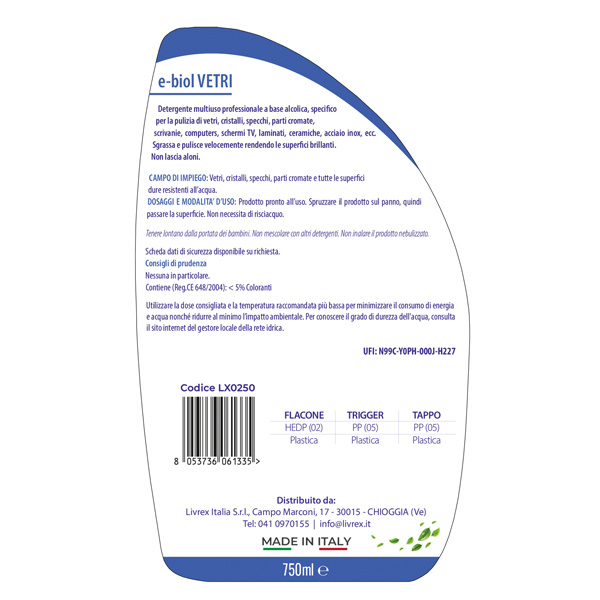 Detergente vetri e multiuso Ebiol - trigger 750 ml - Livrex