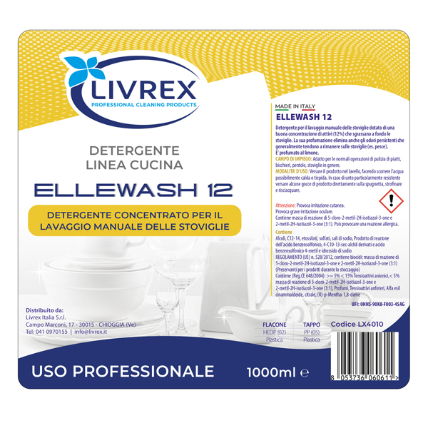 Detergente Ellewash 12 per lavaggio stoviglie a mano 1L limone Livrex