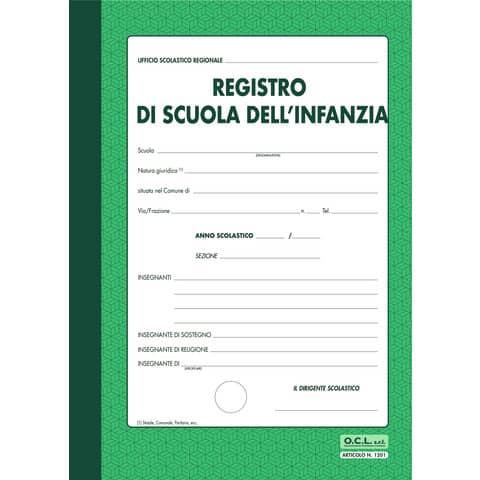 Registro scuola dell'infanzia 40 pagine per 30 alunni O.C.L. verde 1201